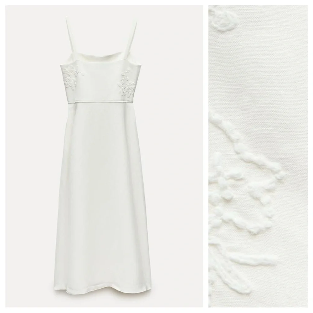 NWT. Zara ZW Collection Oyster-White Embroidered Midi Dress. Size XS. - Picture 7 of 15